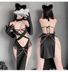 FEE ET MOI - Sexy Catwoman Bodysuit Includes Headband And Stockings (Black)